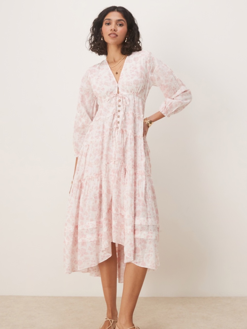 Free People Women’s Pappiet Floral Tiered Maxi Dress Light Pink Sz L Cottage Fem